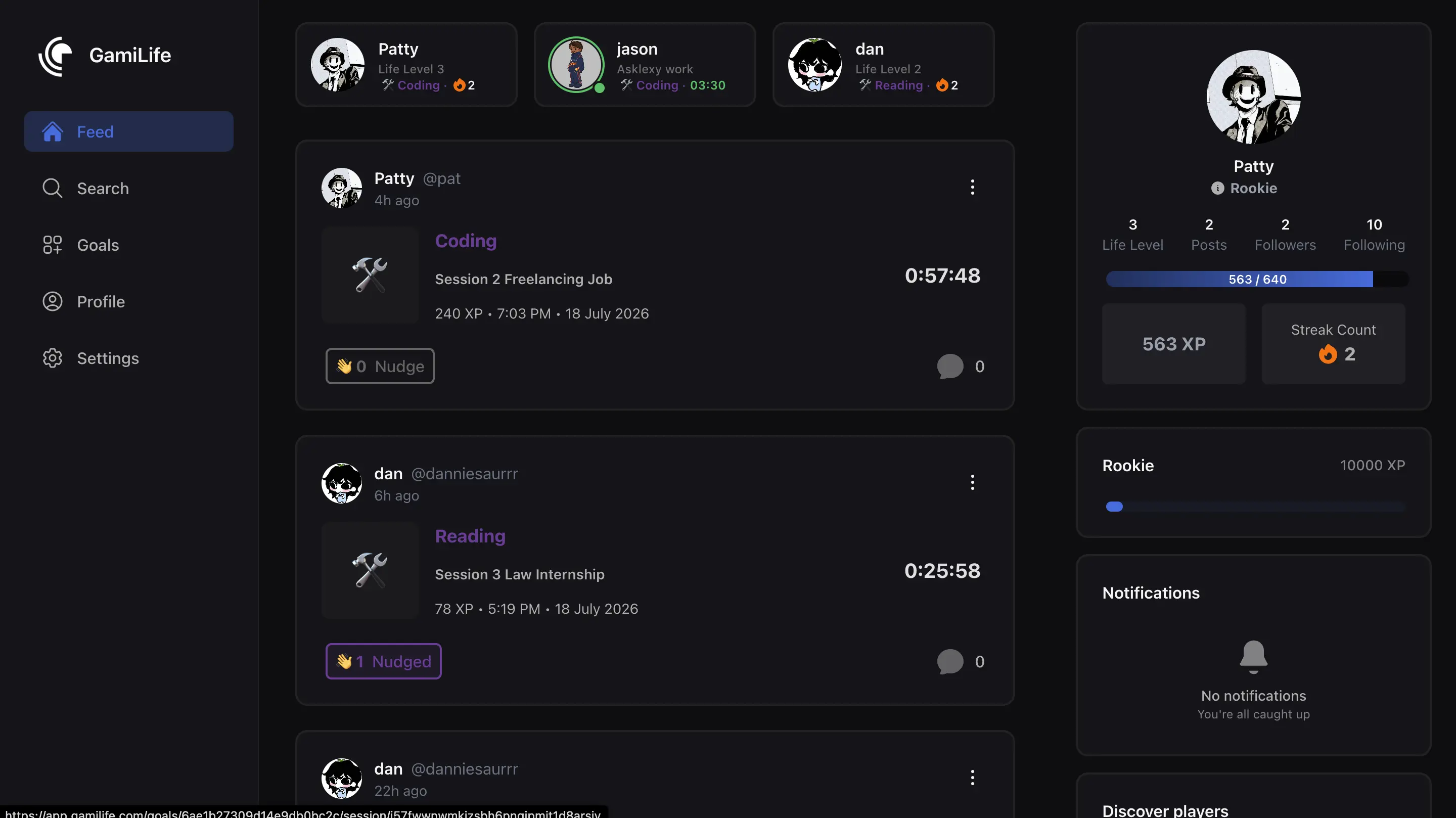 The GamiLife social feed on the web