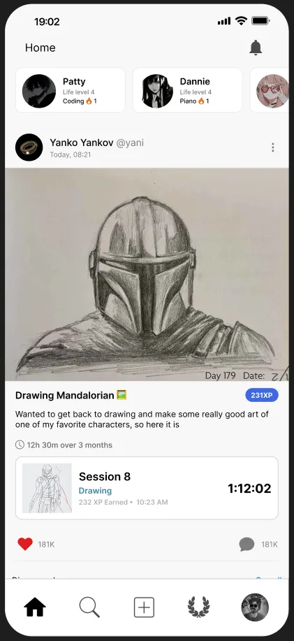 A GamiLife feed post showing a drawing goal with earned XP